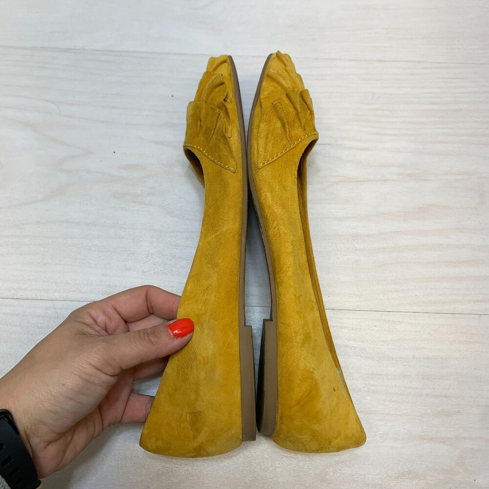 Seychelles Downstage Ballet Flats Women's Size 9.5 Mustard Yellow Ruffled Suede - Picture 2 of 9